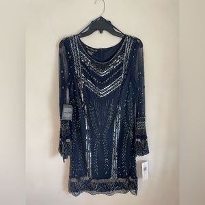 NWT - Navy Beaded Long Sleeve Mother of Bride Mini Dress Size 12